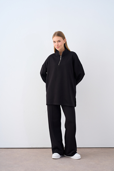 LOCCO Women's Stand Collar Zipper Front Pantsuit with Grass Detail Set Black