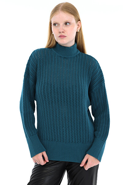 Trist Star Petrol Women's 100% Cotton Openwork Ribbed Knit Turtleneck Sweater...