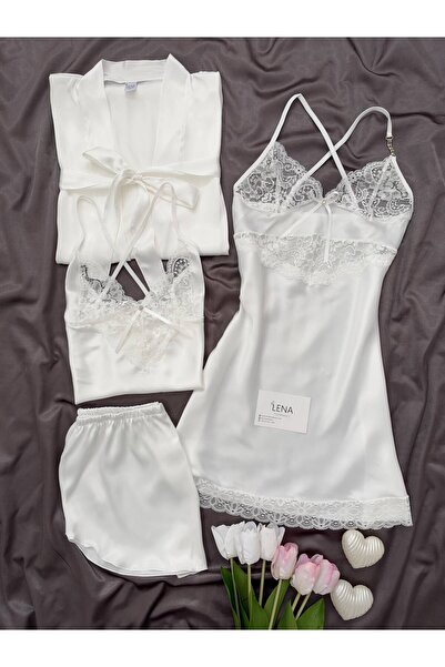 Lena Homewears Women's Magic 4-Piece Lace Satin Nightgown, Robe and Shorts Set