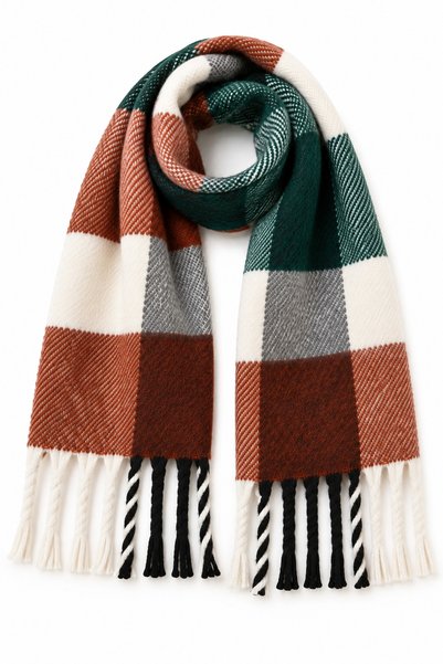 FEG STORE Women's Plaid Patterned Tassel Scarf Tile Green Cream 42X180 cm Winter Shawl