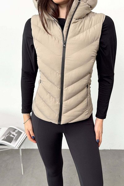 JEE LEE Women's Hooded Double Pocket Zippered Scuba Vest Stone - 27K 343