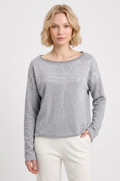 lamea Women's Gray Crew Neck Patterned Knitwear Sweater