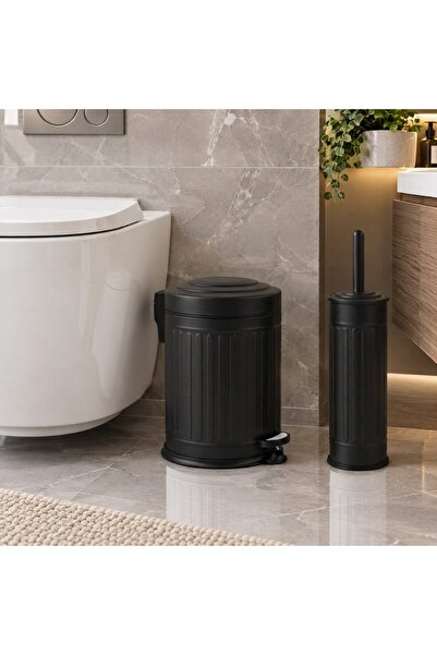 3 Litre Siyah 2 li Vintage Banyo Seti Vintage Çöp Kovası Elit Model Pedallı Çöp Kovası ve Tuvalet Fırçası (17 *26) 3 litre Banyo Çöp Kovası Mutfak 3 lt Çöp Kovası Retro Çizgili Pedallı