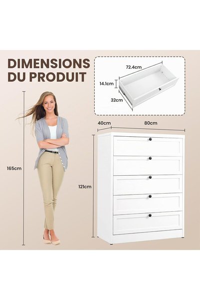 No branded Comodă Sightlife, Albă, cu 5 Sertare, Mobilier de Depozitare pentru Dormitor, Birou, Intrare, Stil Contemporan 121 x 80 x 40 cm