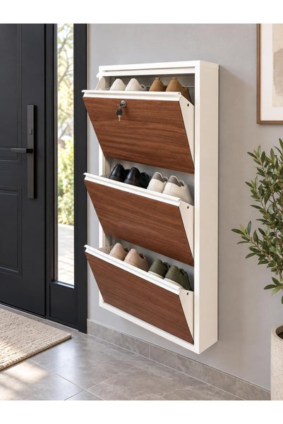 Karlı Home 3 Lü Beyaz Kilitli Ahşap/Metal Kapaklı Ayakkabılık Kemençe Şık Tasarım 6 Çift Kapasiteli