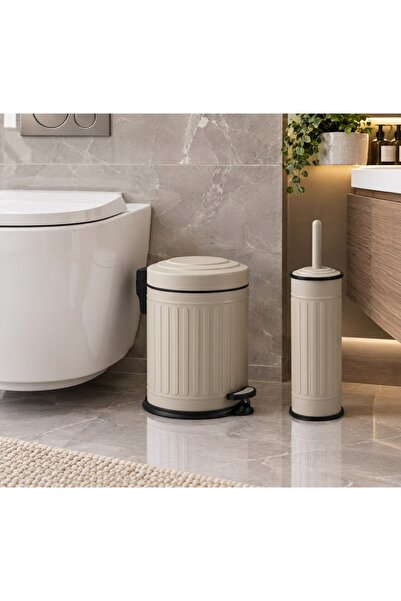 GörSeç 3 Litre Bej 2 li Vintage Banyo Seti Vintage Çöp Kovası Elit Model Peda...