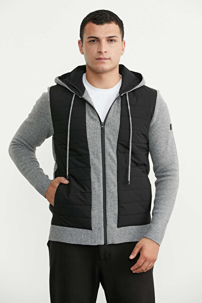 Sementa Hooded Quilted Detailed Wool Knitwear Coat - Smoked