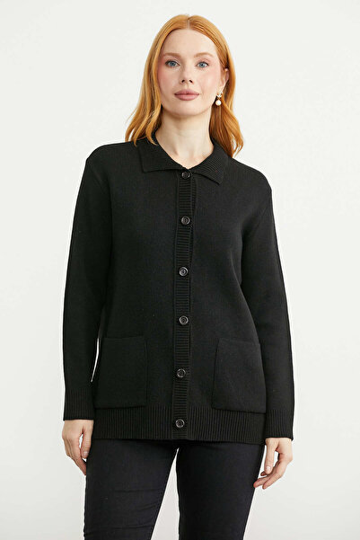 Sementa Shirt Collar Buttoned Wool Knitwear Cardigan - Black