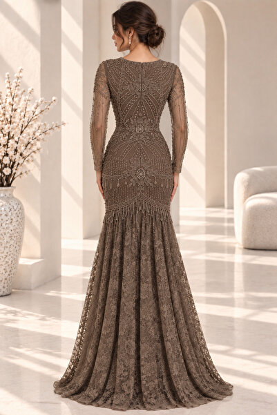SELSAL Embroidered Mermaid Lace Evening Dress - Brown