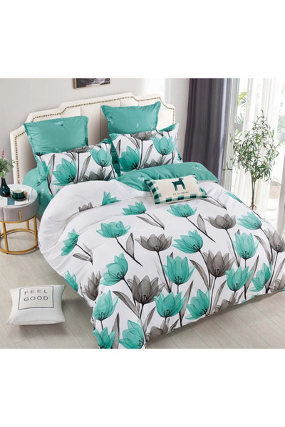 decorami Lenjerie pat dublu, FINET, 6 piese, cu ELASTIC, Jojo Home, Alb, Turq...
