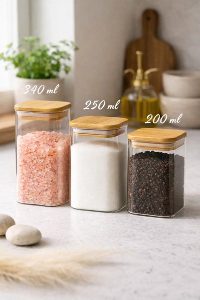 Tutku Home Bambu Kapaklı 3'lü Cam Kavanoz / 200-250-340 ML