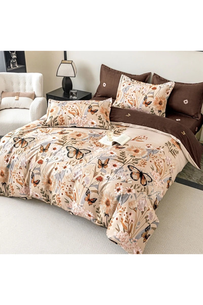 decorami Lenjerie pat dublu, FINET, 6 piese, cu ELASTIC, Jojo Home, Bej, Maro...