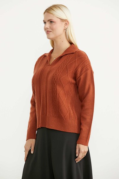 Sementa Polo Yaka Oversize Triko Kazak - Kiremit