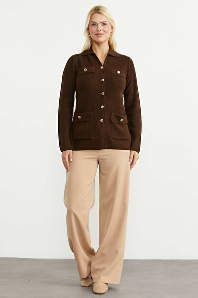 Sementa Long Knit Cardigan with Large Pockets - Brown