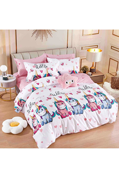 decorami Lenjerie pat dublu, FINET, 6 piese, cu ELASTIC, Jojo Home, Roz, unic...