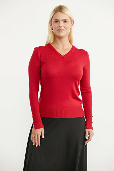 Sementa V-Neck Knit Sweater with Cuff Detail - Red