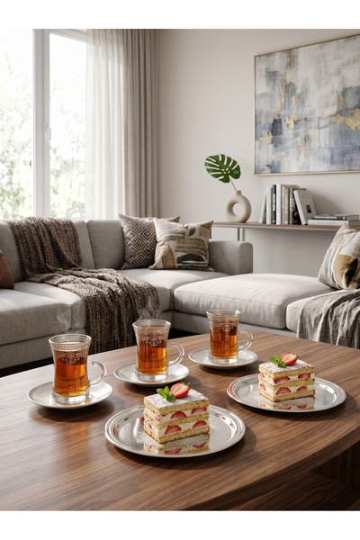 Generic Integrated Hospitality Set Featuring a Plastic Tea and Coffee Set with Glass Interior + Tea Cups and Coffee Cups with Saucers + a Multi-Purpose Stainless Steel Plate Holder with a Stylish and Practical Design.