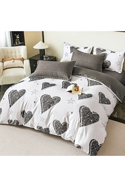 decorami Lenjerie pat dublu, FINET, 6 piese, cu ELASTIC, Jojo Home, Alb, Gri,...