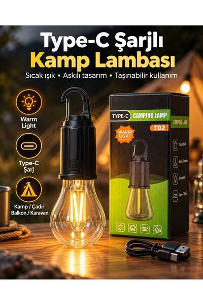 Genel Markalar T02 Type-C Şarjlı LED Kamp Lambası – Askılı Taşınabilir Ampul ...