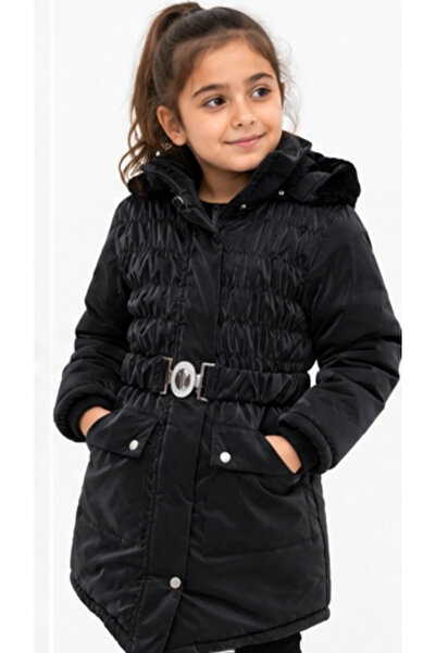 İrem Çocuk Giyim Girl's Black Color Midi Length Coat with Gipeli Belt Detail ...