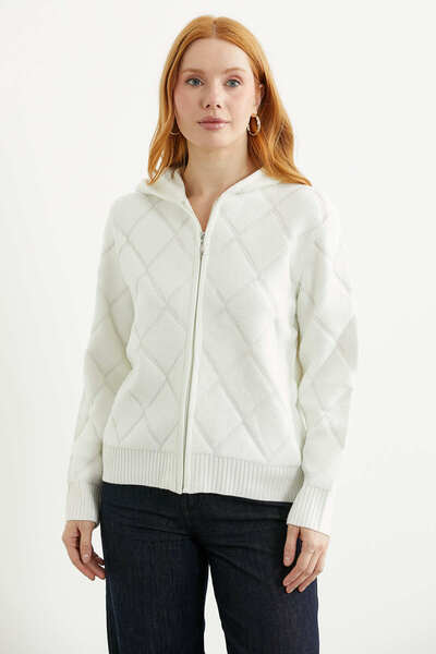 Sementa Hooded Zippered Knitwear Cardigan - Bone