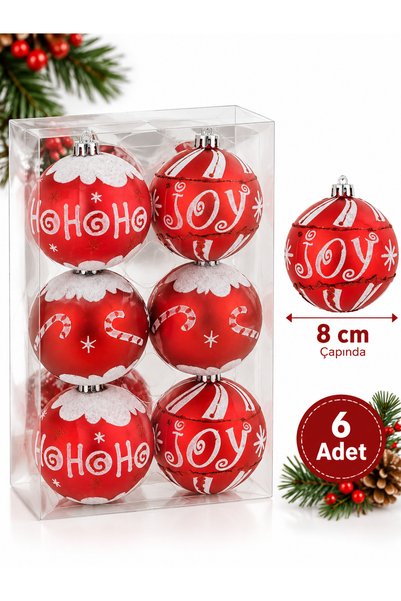 party mix Yılbaşı Ağacı Süsü Kırmızı Beyaz Ho Ho Ho Joy Desenli Simli Top 8 cm 6 Adet