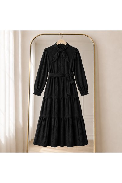 Hepsi Moda Scarf Collar Half Buttoned Dress - 2622 - Black