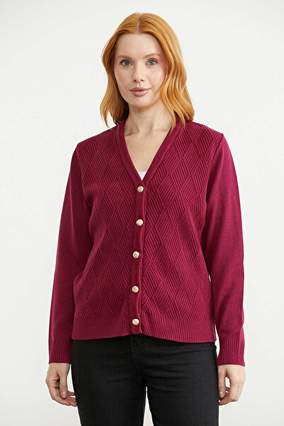 Sementa Motifed V-Neck Knitwear Cardigan - Claret Red