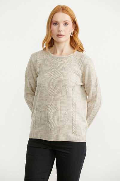 Sementa Mixed Motif Detailed Wool Knit Sweater - Beige