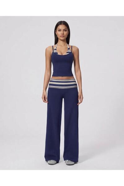 ÇİZGİLİ KATMANLI CROP ATLET VE İSPANYOL BOL PAÇA SPOR TAKIM