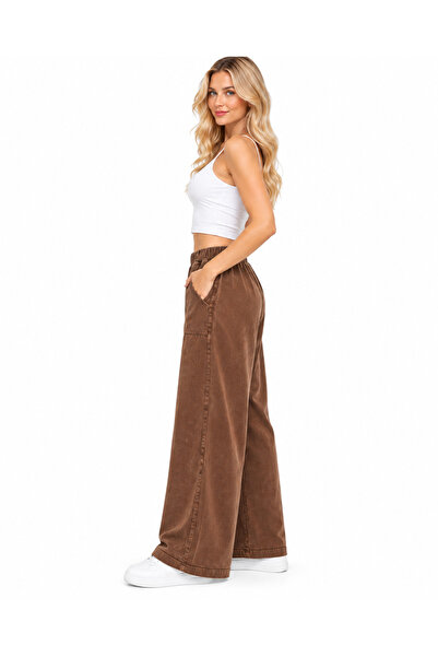 duygu altıntaş Women's High Waist Elastic Wide Leg Trousers with Pocket Detail and Premium Washed Effect