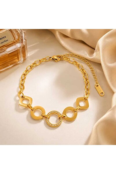 OEM Brățară Golden Halo – Zale Geometrice cu Pietre zirconii, Oțel Inoxidabil ,reglabila , Saculet catifea cadou