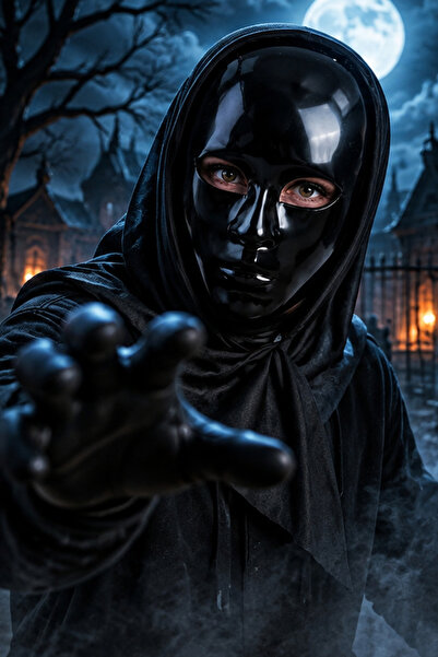 NARCIX Mască Halloween Full Face Neagră Lucioasă cu Glugă, Fără Expresie, pen...