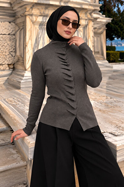 Tesettür Dünyası Selbstfaltende Strickjacke TSD260323 Geräuchert