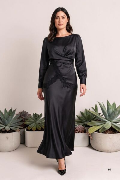 Moda Amore Costum de seară din satin pentru femei, cu detaliu din dantelă, bl...