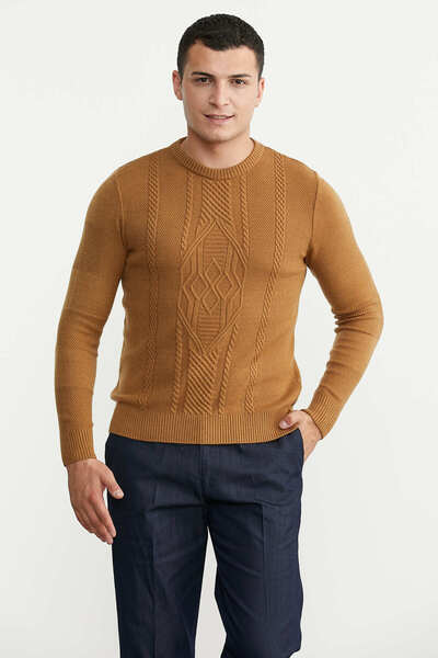 Sementa Pulover tricotat cu guler rotund și motiv - Camel