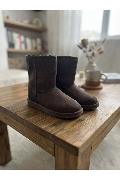 MİSSWEMODASHOES Women's Medium Length Fur Lined Bitter Brown Suede Flat Sole ...