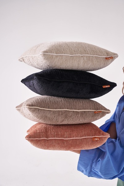 THE KUN Ecru Plain Chenille Textured 2-Piece Throw Pillow Cover Set with Piping Detail