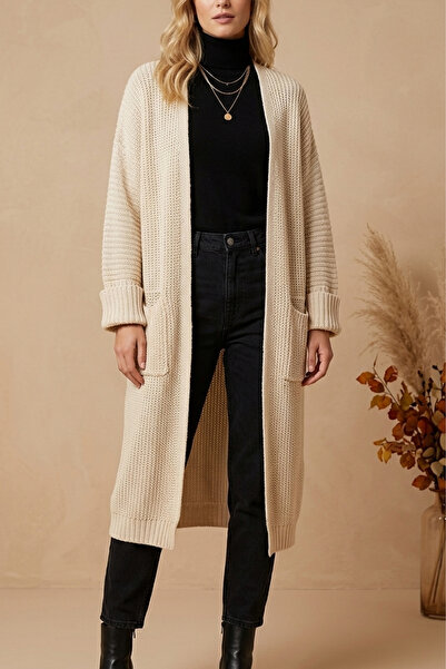 mefru Women's Oversize Long Pocket Thick Knitwear Basic Cardigan