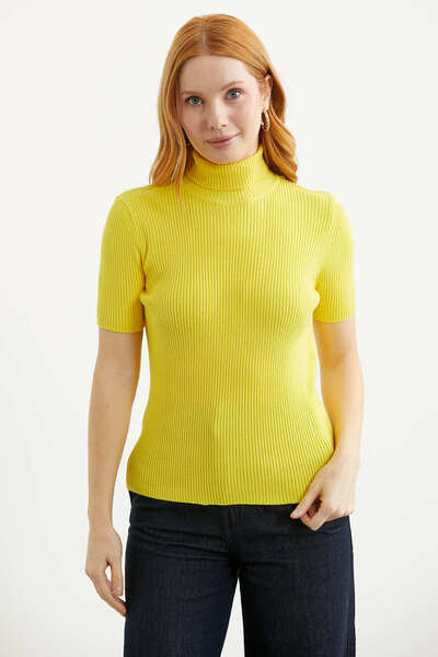 Sementa Full Turtleneck Short Sleeve Knitwear Sweater - Yellow