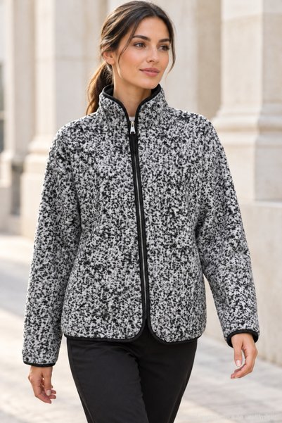 Polo State Kadın Leopar Desenli Dik Yaka Fermuarlı Peluş Ceket - Gri