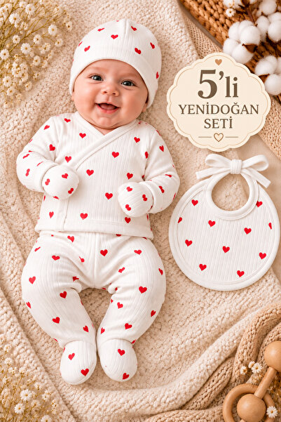 Petino 5 Piece Hearted Newborn Hospital Discharge Set 100% Cotton Ribbed Fabr...
