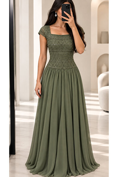 SELSAL Embroidered Princess Cut Evening Dress - Olive