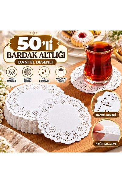 KEA 50'li Kağıt Bardak Altlığı Dantel Desenli Kullan At Şık Dekoratif Çay Kah...