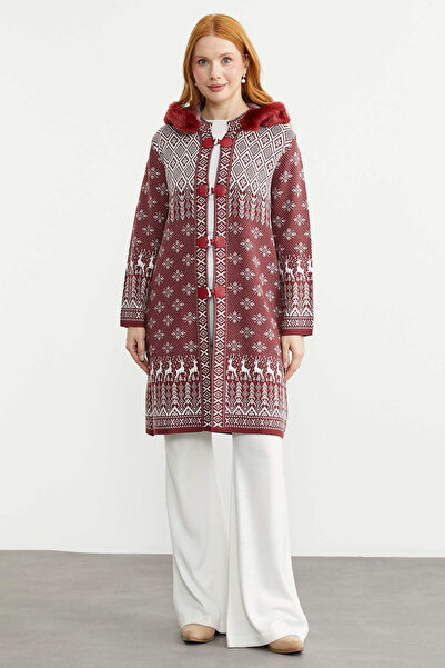 Sementa Ethnic Patterned Faux Fur Detailed Long Knitwear Cardigan - Burgundy