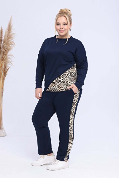 Madwilo Set de trening pentru femei, albastru marin, bej, cu imprimeu leopard...