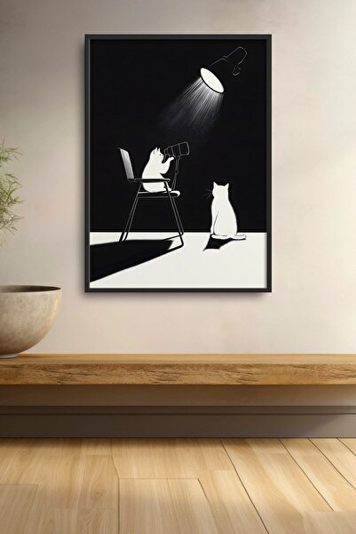 HOMEPACK Black and White Cats under Spotlight Framed Painting Cat Poster Mode...
