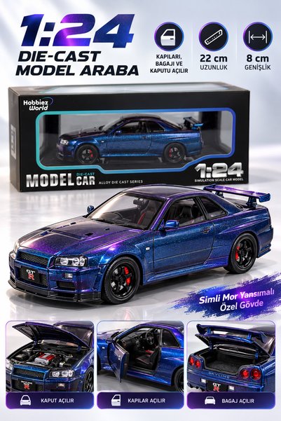 PONİKİDO Nissan Skyline GT-R R34 1:24 Metal Model Araba Simli Mor Yansımalı A...