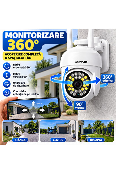 ASMXX Cameră de supraveghere JORTAN JT-8161, Wi-Fi, Full HD 1080P, 360°, vedere nocturnă color și infraroșu, detectare mișcare PIR, audio bidirecțional, IP66, card 32GB cadou