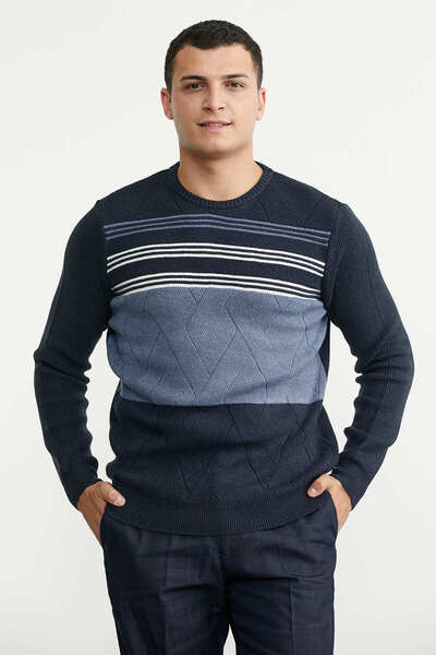Sementa Zero Collar Block Transition Knit Sweater - Navy Blue
